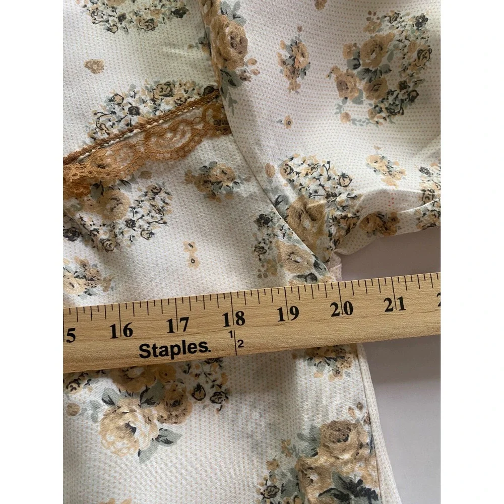 Nines Women Large Floral Button Front House Dress Cream Tan Lace‎ Trim PJ6009